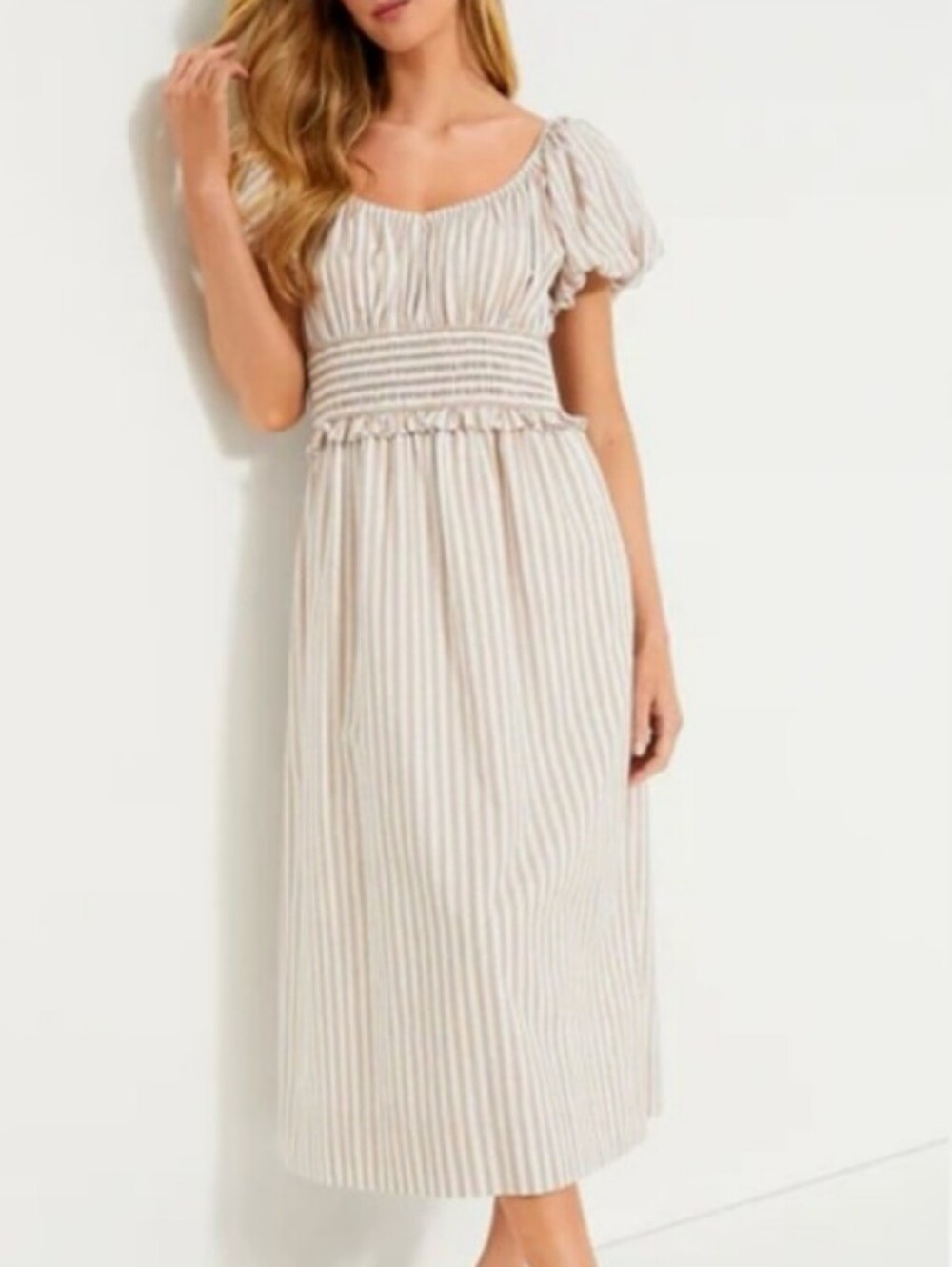 Pomander Place Flynn Striped Midi Dress Puff Sleeves